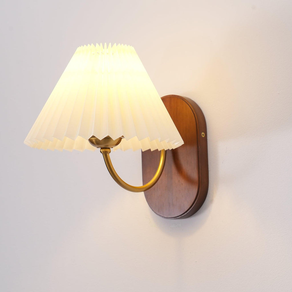 Plug-In Wall Lamp Pleated Fabric & Ash Wood Bedside Sconce