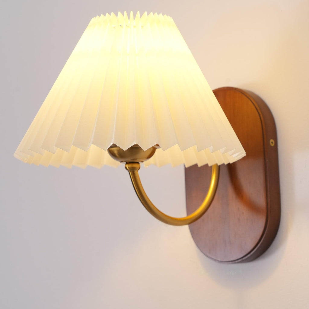 Plug-In Wall Lamp Pleated Fabric & Ash Wood Bedside Sconce