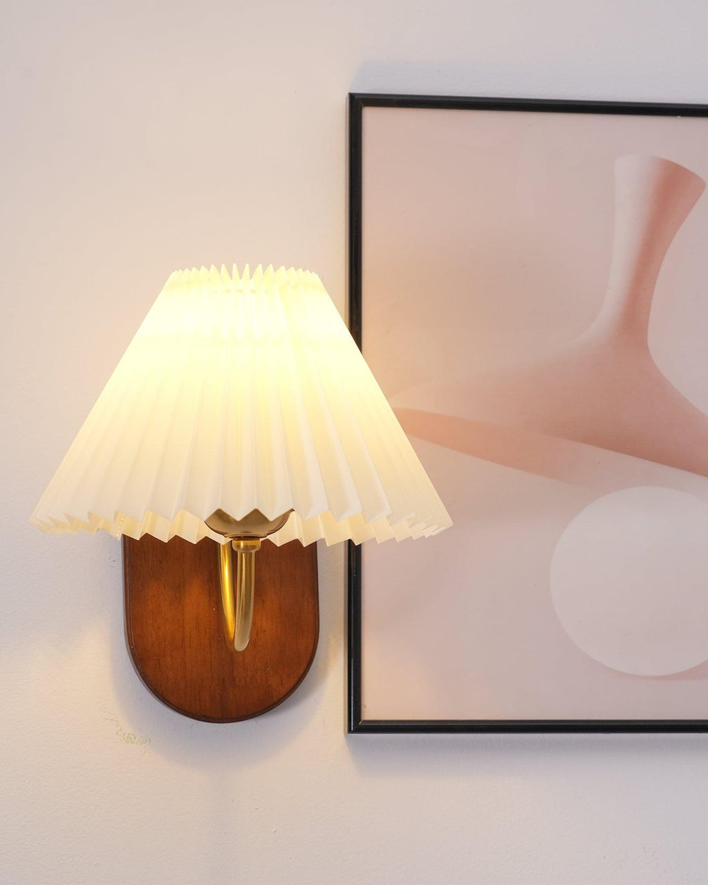 Plug-In Wall Lamp Pleated Fabric & Ash Wood Bedside Sconce