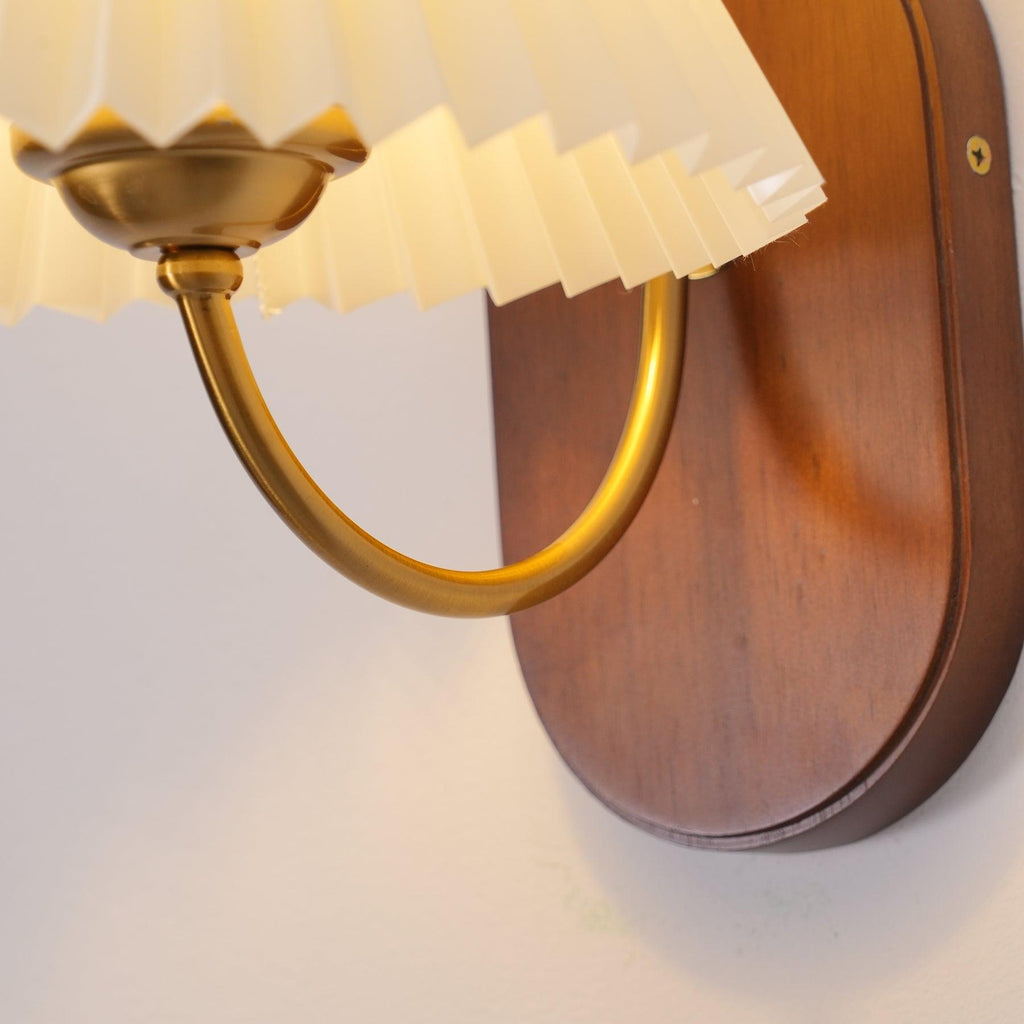 Plug-In Wall Lamp Pleated Fabric & Ash Wood Bedside Sconce