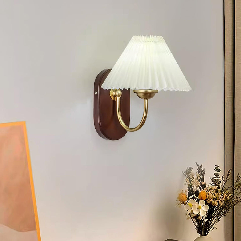 Plug-In Wall Lamp Pleated Fabric & Ash Wood Bedside Sconce
