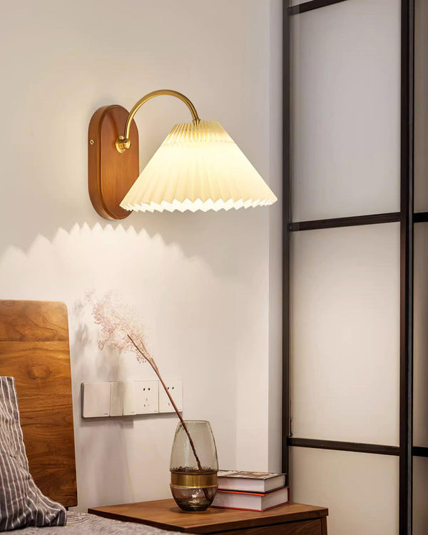 Plug-In Wall Lamp Pleated Fabric & Ash Wood Bedside Sconce