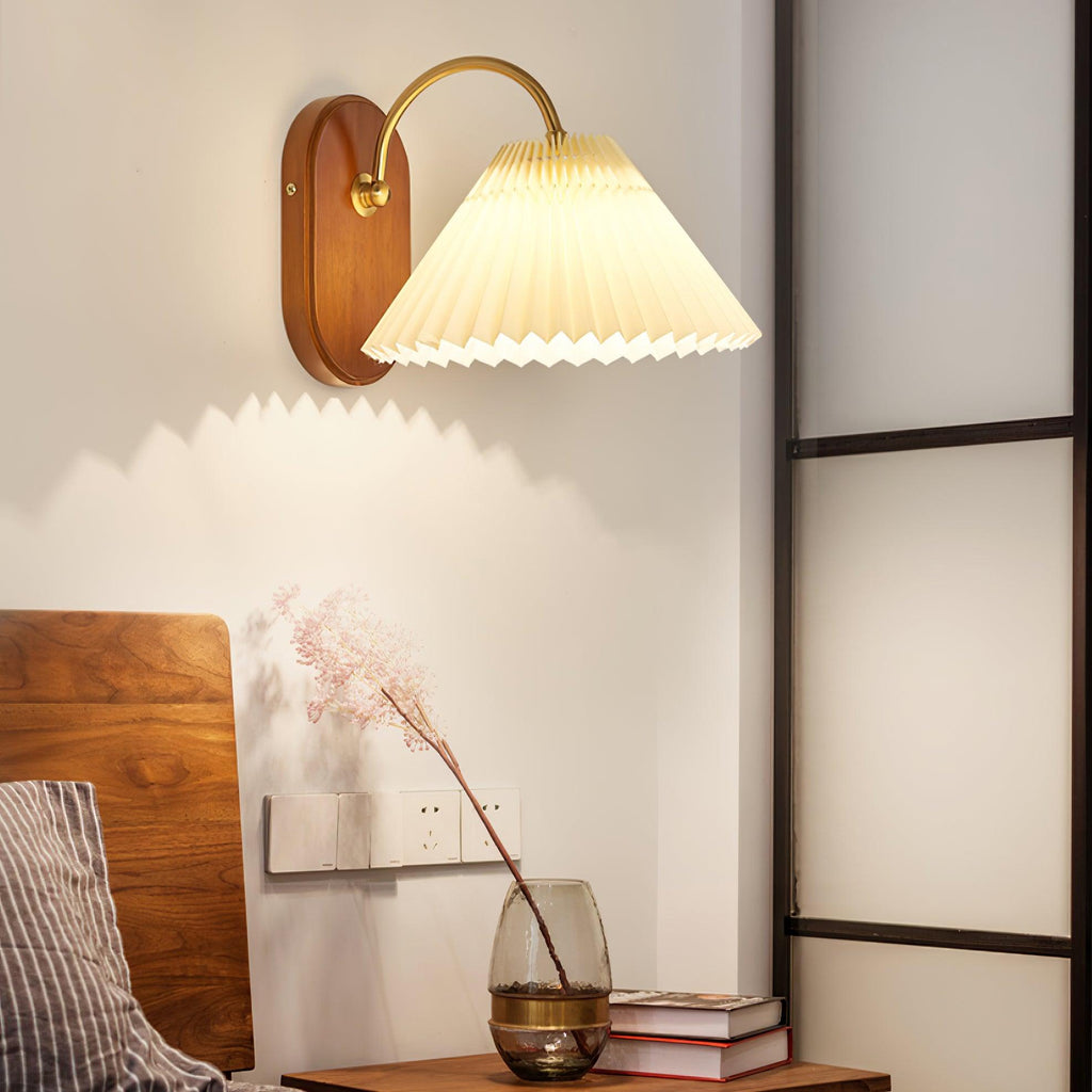 Plug-In Wall Lamp Pleated Fabric & Ash Wood Bedside Sconce