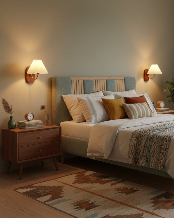 Plug-In Wall Lamp Pleated Fabric & Ash Wood Bedside Sconce