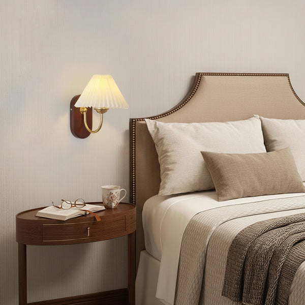 Plug-In Wall Lamp Pleated Fabric & Ash Wood Bedside Sconce