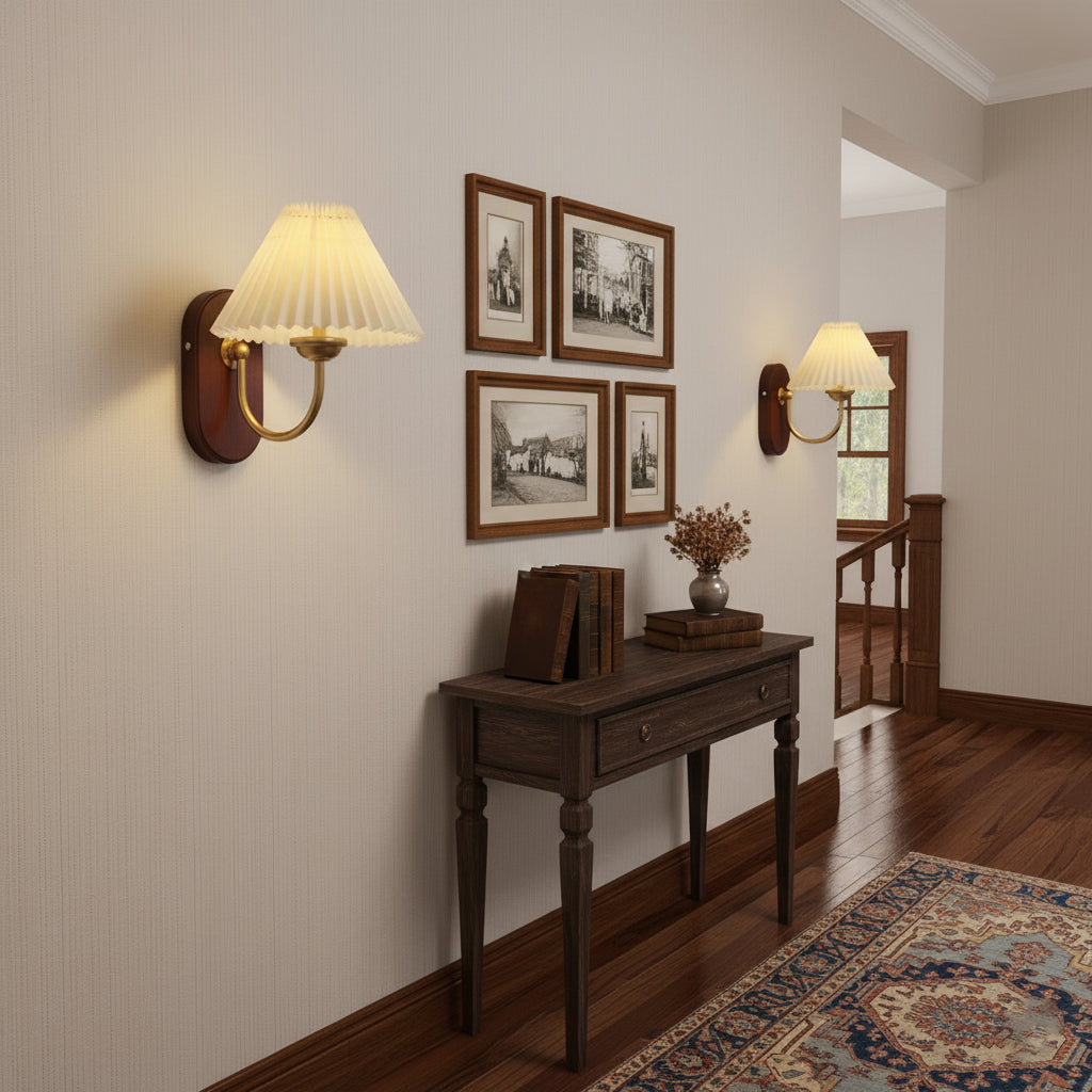 Plug-In Wall Lamp Pleated Fabric & Ash Wood Bedside Sconce