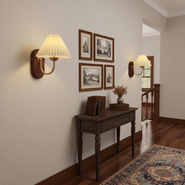 Plug-In Wall Lamp Pleated Fabric & Ash Wood Bedside Sconce