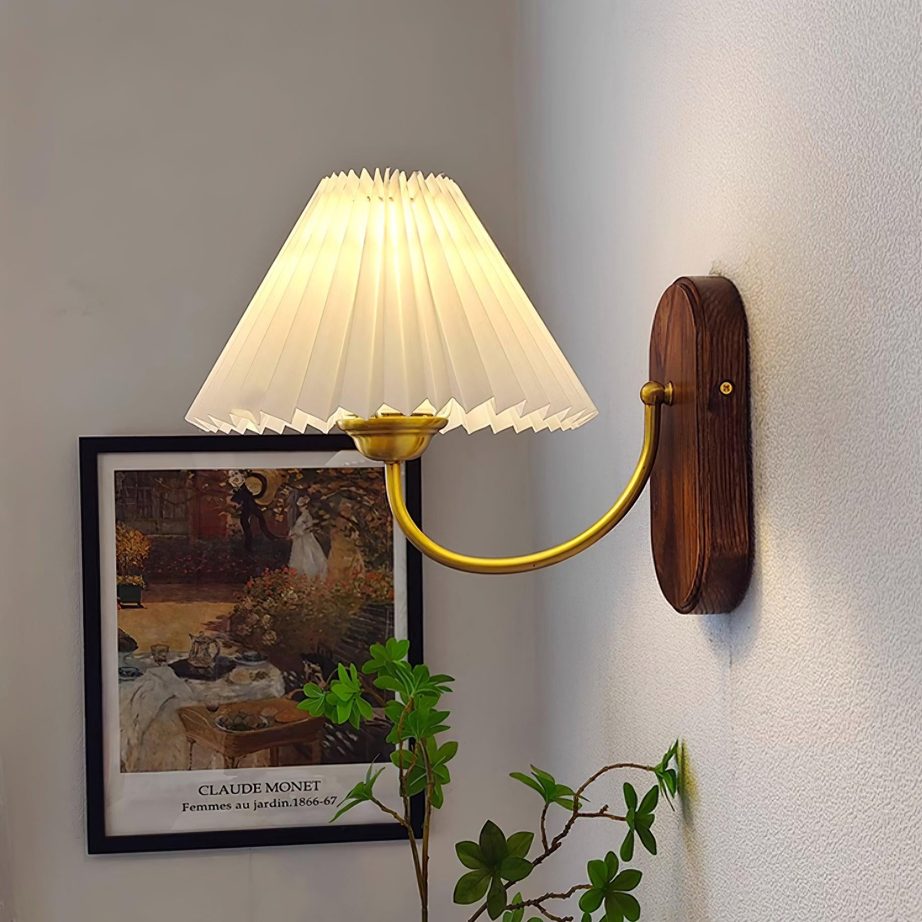 Plug-In Wall Lamp Pleated Fabric & Ash Wood Bedside Sconce Secondary image