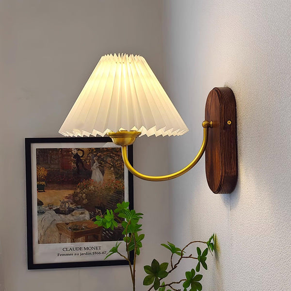 Plug-In Wall Lamp Pleated Fabric & Ash Wood Bedside Sconce