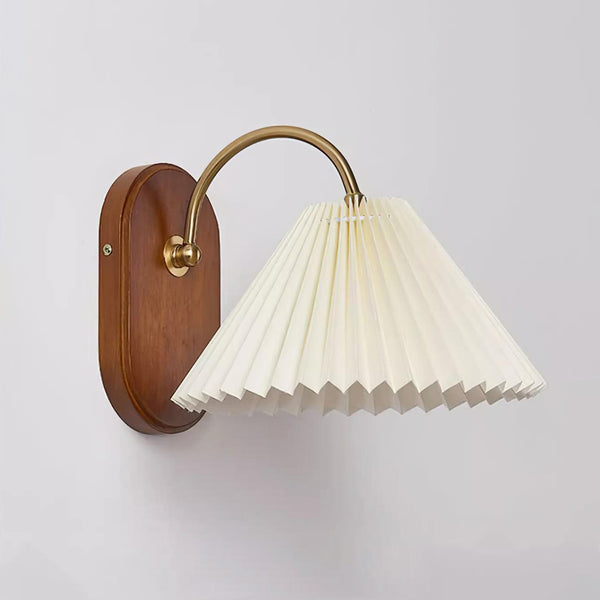 Plug-In Wall Lamp Pleated Fabric & Ash Wood Bedside Sconce