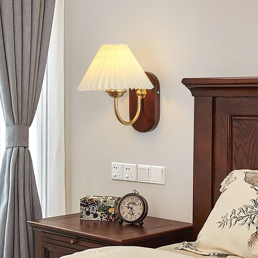 Plug-In Wall Lamp Pleated Fabric & Ash Wood Bedside Sconce