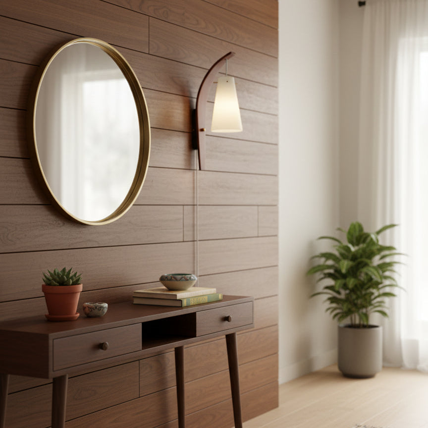Plug-In Wall Lamp Curved Wood & Frosted Glass Sconce