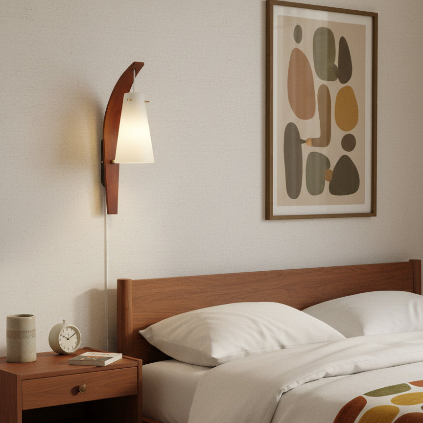 Plug-In Wall Lamp Curved Wood & Frosted Glass Sconce