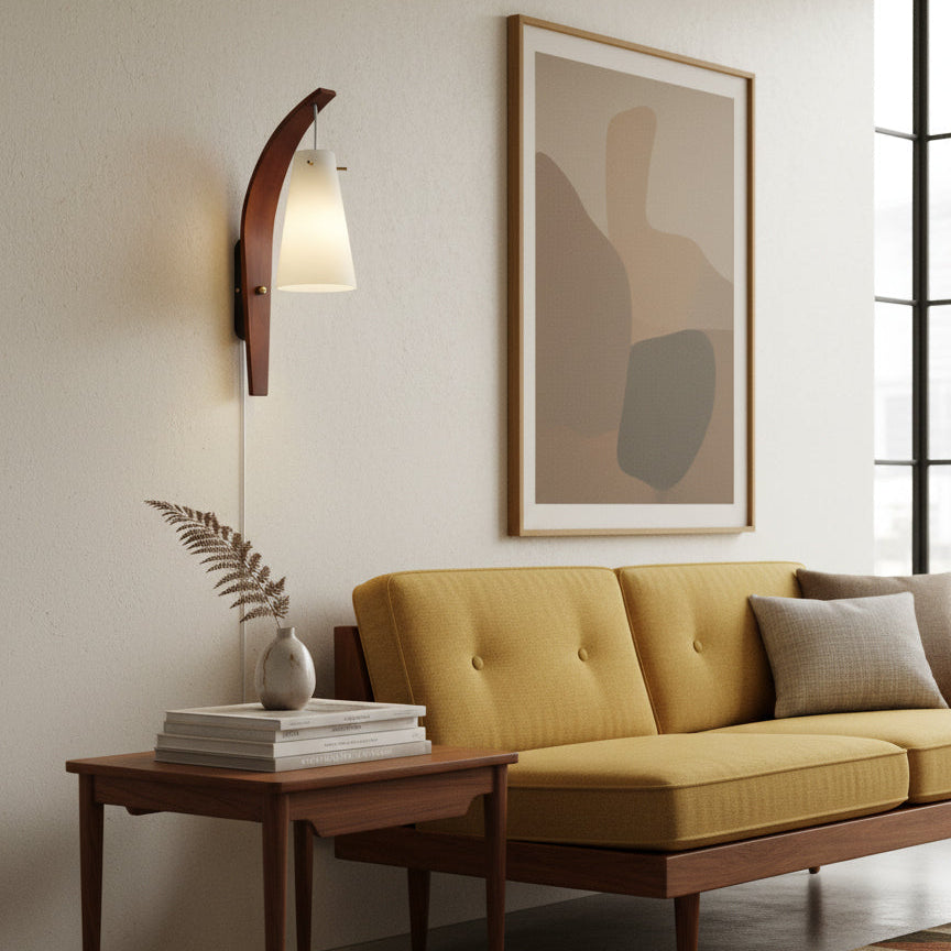 Plug-In Wall Lamp Curved Wood & Frosted Glass Sconce