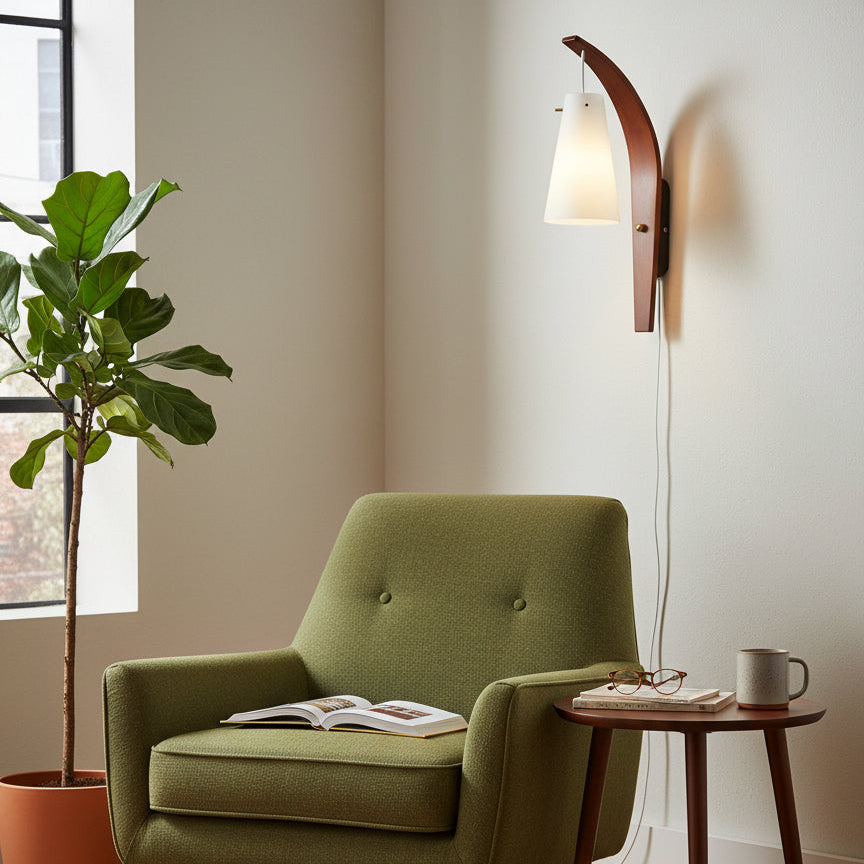 Plug-In Wall Lamp Curved Wood & Frosted Glass Sconce Secondary image