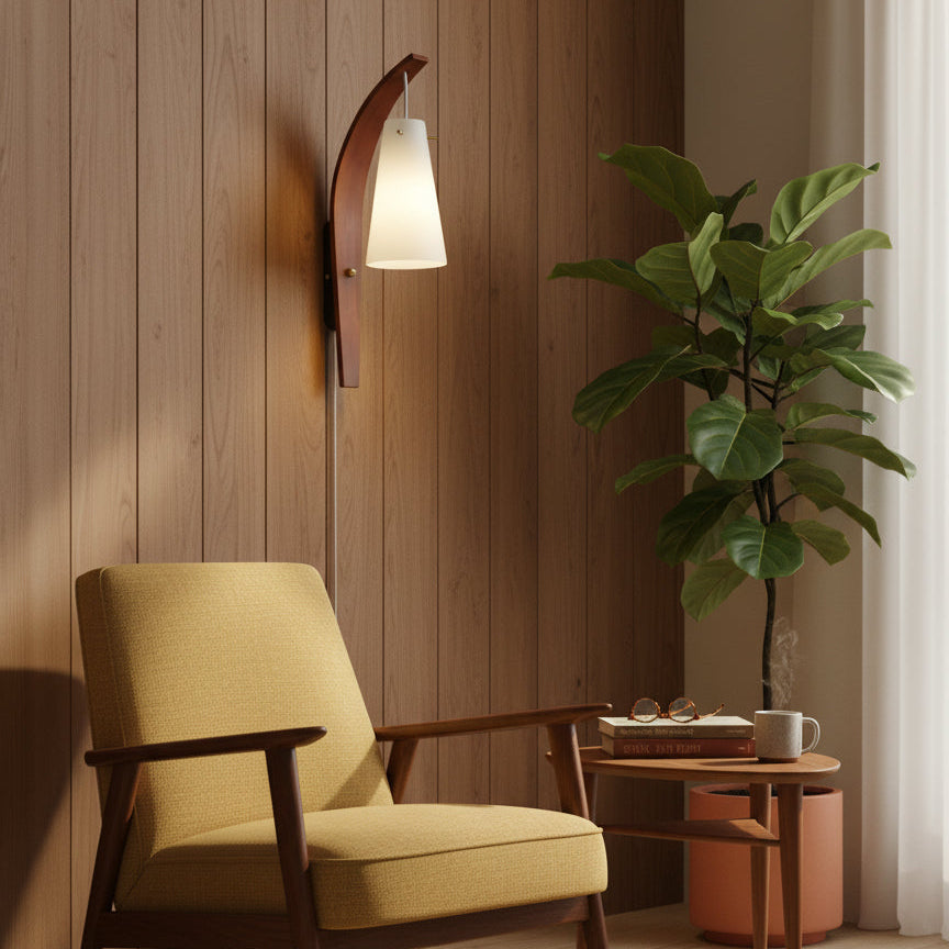 Plug-In Wall Lamp Curved Wood & Frosted Glass Sconce