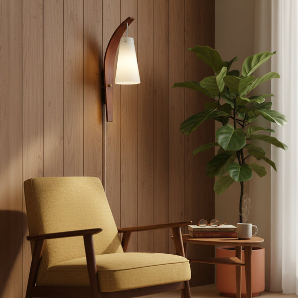 Plug-In Wall Lamp Curved Wood & Frosted Glass Sconce