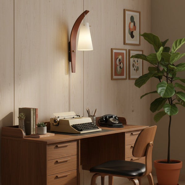 Plug-In Wall Lamp Curved Wood & Frosted Glass Sconce