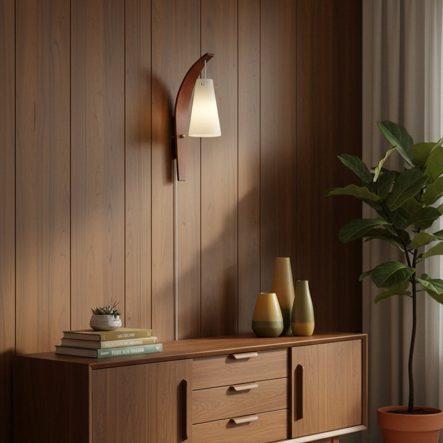 Plug-In Wall Lamp Curved Wood & Frosted Glass Sconce