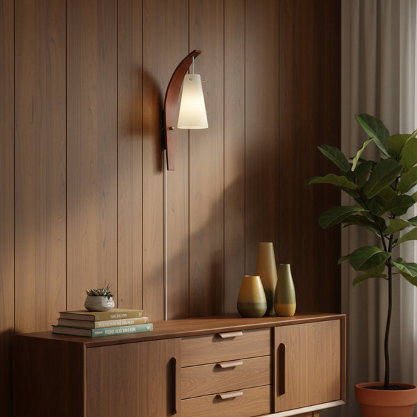Plug-In Wall Lamp Curved Wood & Frosted Glass Sconce