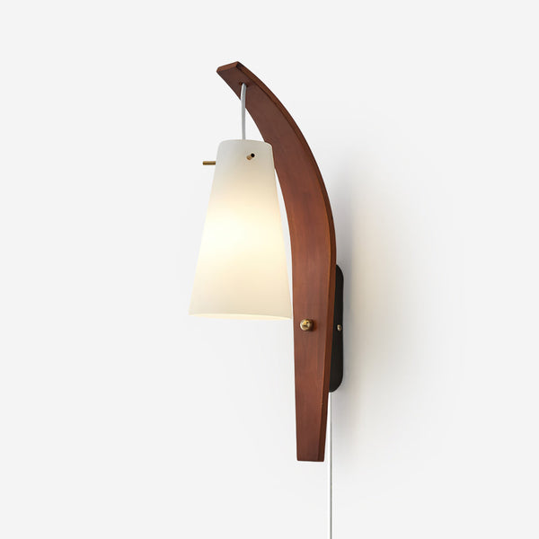 Plug-In Wall Lamp Curved Wood & Frosted Glass Sconce