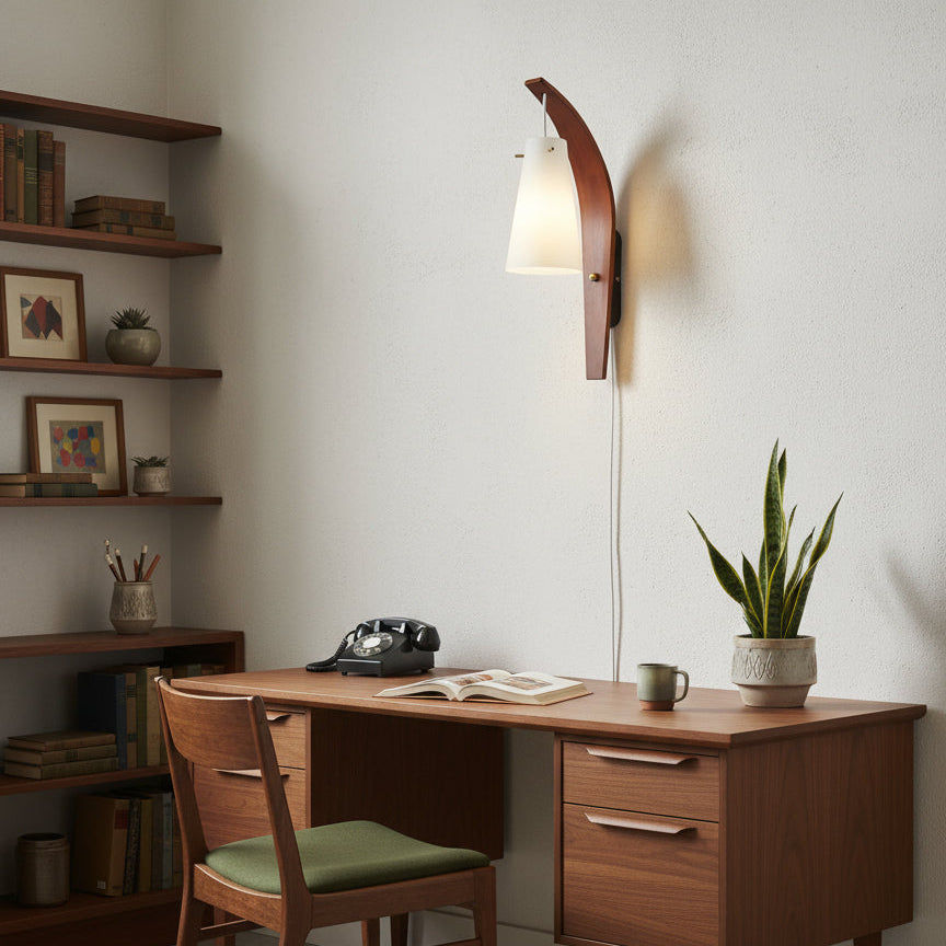 Plug-In Wall Lamp Curved Wood & Frosted Glass Sconce