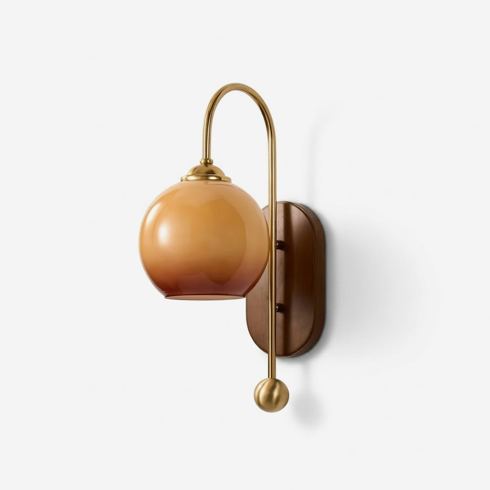 Amber Glass & Curved Brass Wall Sconce Vintage Vanity Light