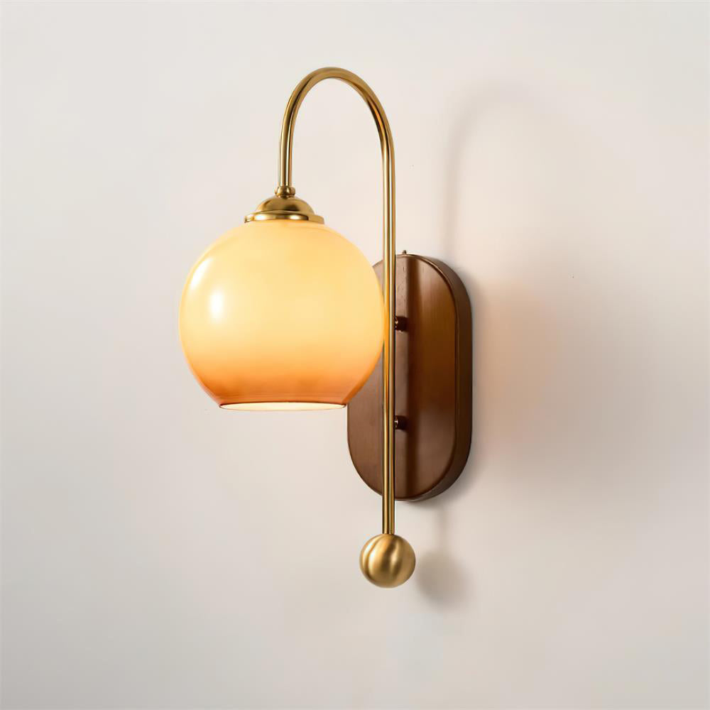 Amber Glass & Curved Brass Wall Sconce Vintage Vanity Light