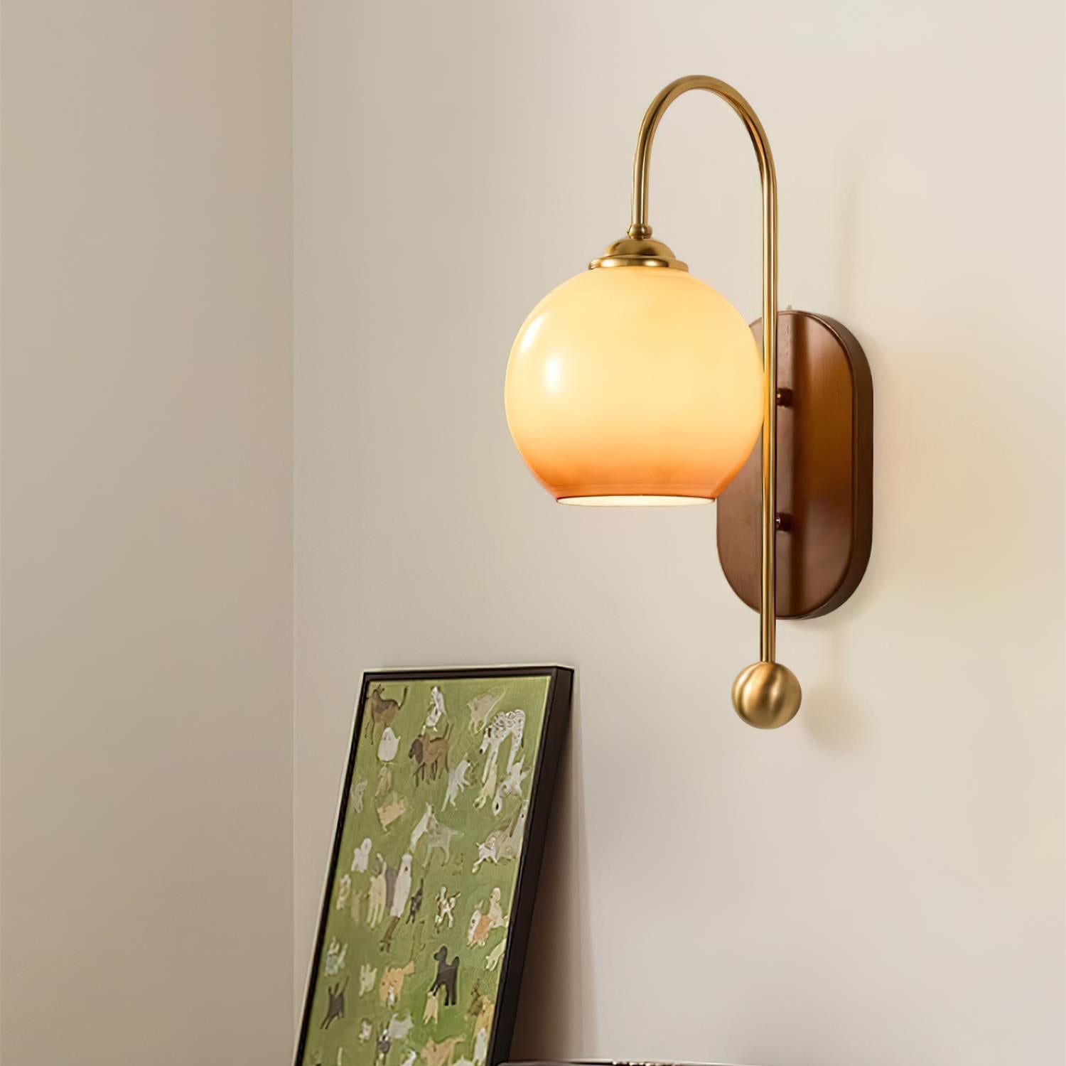Amber Glass & Curved Brass Wall Sconce Vintage Vanity Light Secondary image
