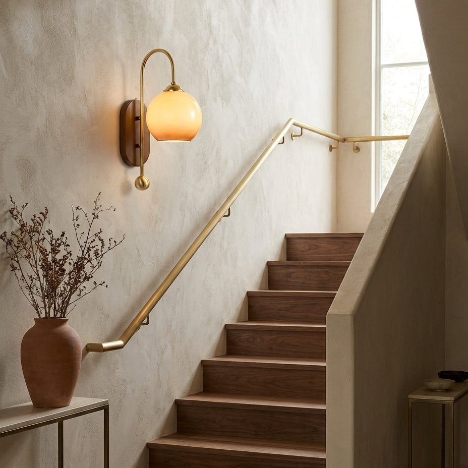 Amber Glass & Curved Brass Wall Sconce Vintage Vanity Light