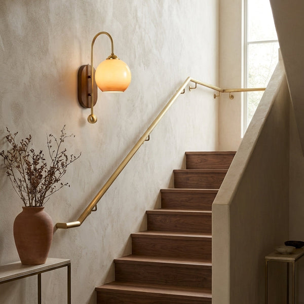 Amber Glass & Curved Brass Wall Sconce Vintage Vanity Light