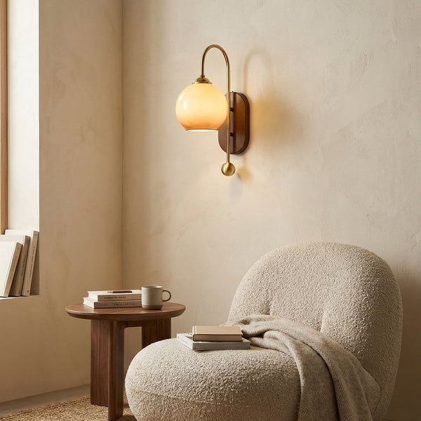 Amber Glass & Curved Brass Wall Sconce Vintage Vanity Light