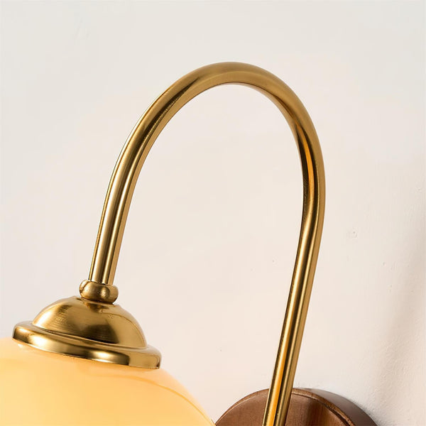 Amber Glass & Curved Brass Wall Sconce Vintage Vanity Light