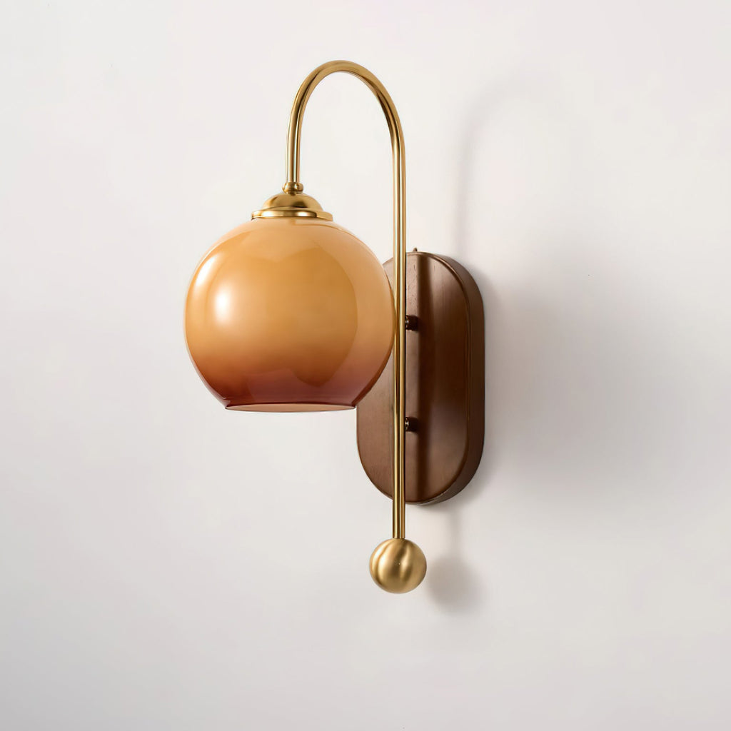 Amber Glass & Curved Brass Wall Sconce Vintage Vanity Light