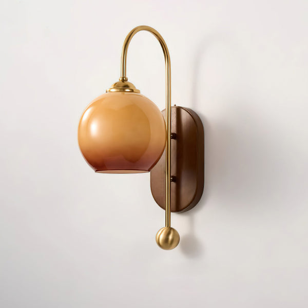 Amber Glass & Curved Brass Wall Sconce Vintage Vanity Light