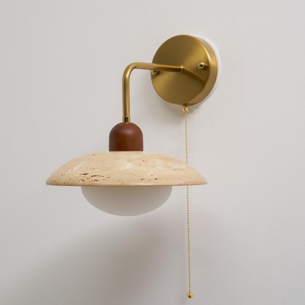 Yellow Travertine Wide-Brim Wall Sconce Natural Stone & Brass Lamp