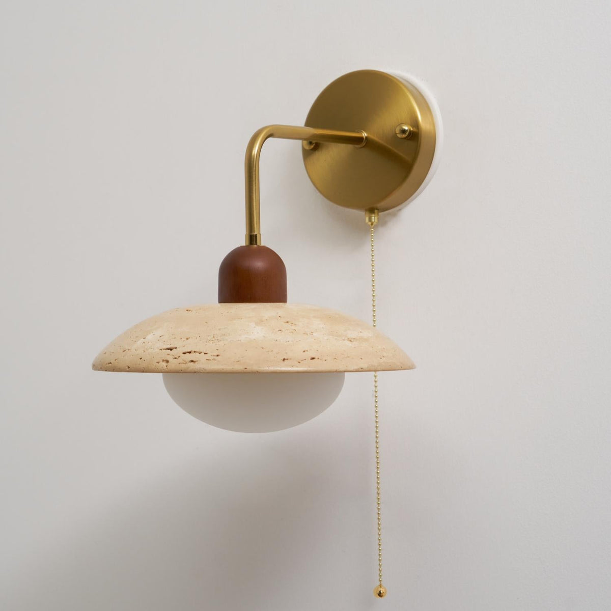Yellow Travertine Wide-Brim Wall Sconce Natural Stone & Brass Lamp