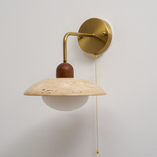Yellow Travertine Wide-Brim Wall Sconce Natural Stone & Brass Lamp