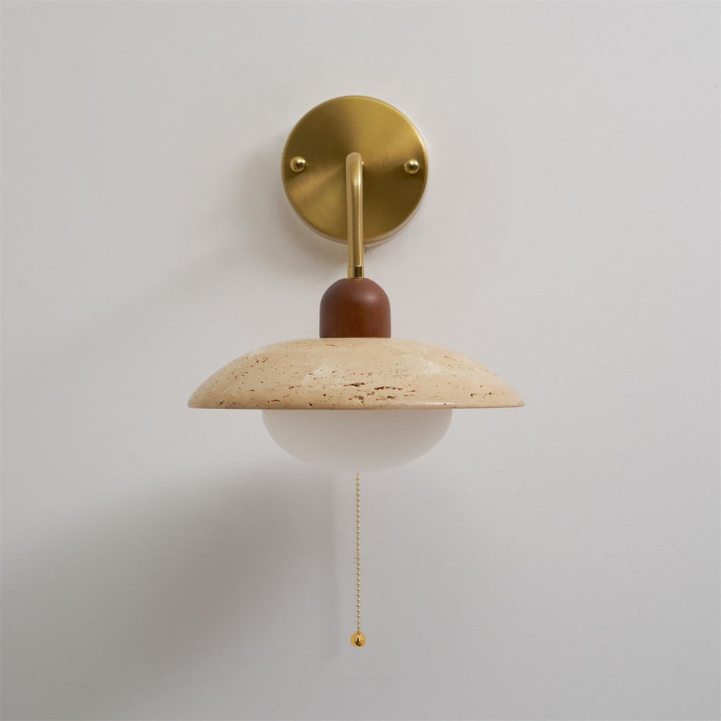 Yellow Travertine Wide-Brim Wall Sconce Natural Stone & Brass Lamp