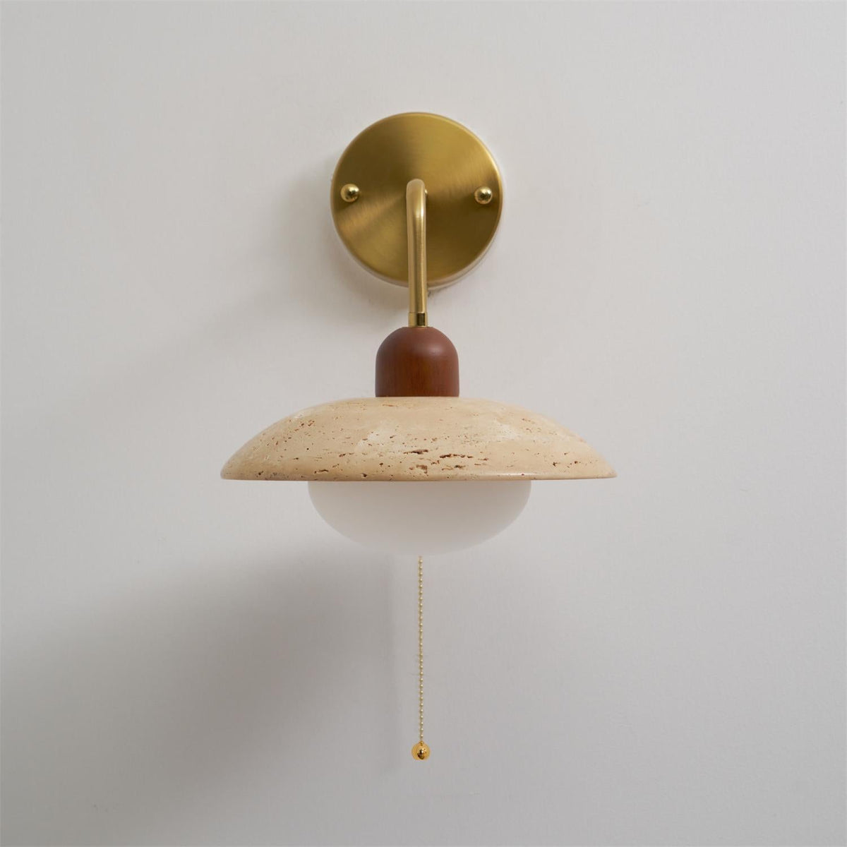 Yellow Travertine Wide-Brim Wall Sconce Natural Stone & Brass Lamp