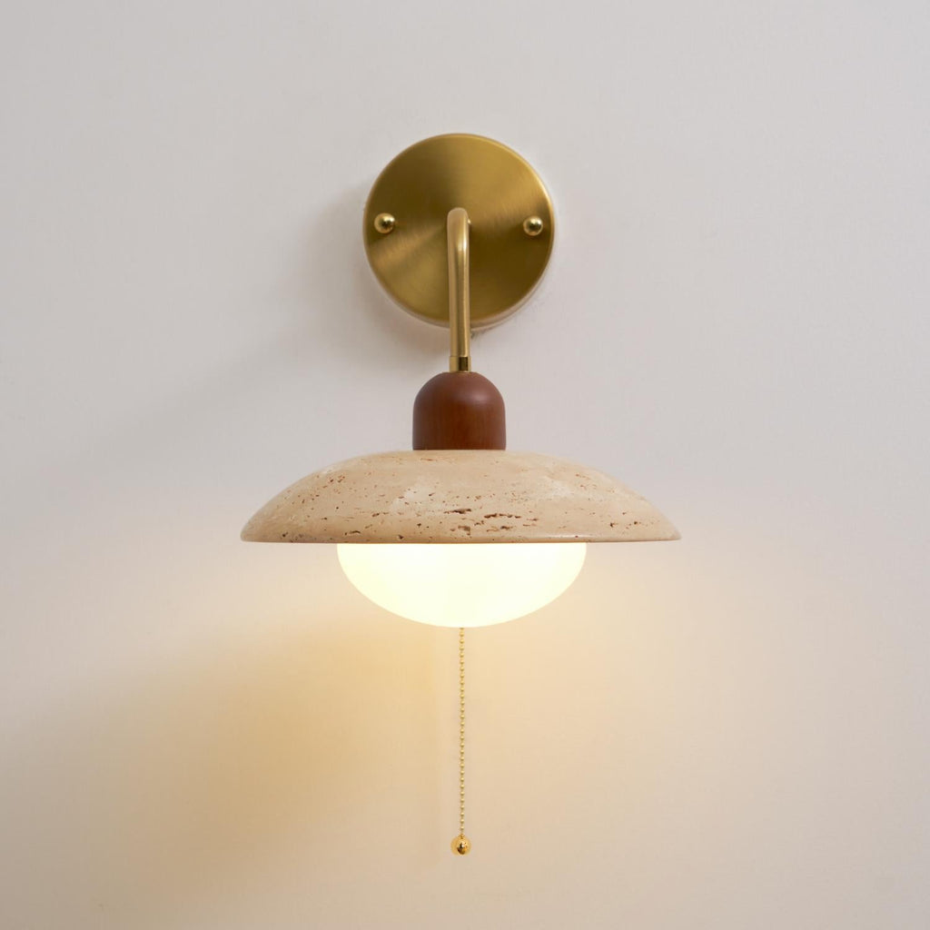 Yellow Travertine Wide-Brim Wall Sconce Natural Stone & Brass Lamp