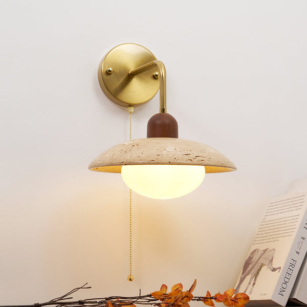 Yellow Travertine Wide-Brim Wall Sconce Natural Stone & Brass Lamp