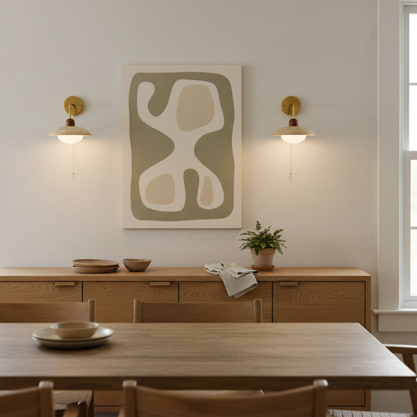 Yellow Travertine Wide-Brim Wall Sconce Natural Stone & Brass Lamp