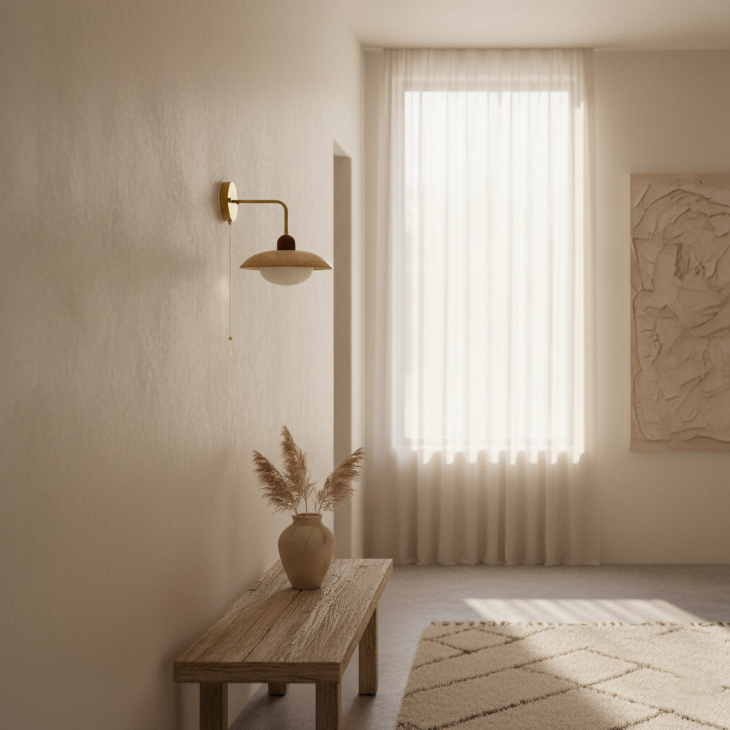 Yellow Travertine Wide-Brim Wall Sconce Natural Stone & Brass Lamp