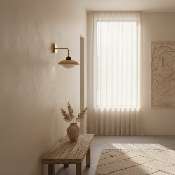Yellow Travertine Wide-Brim Wall Sconce Natural Stone & Brass Lamp