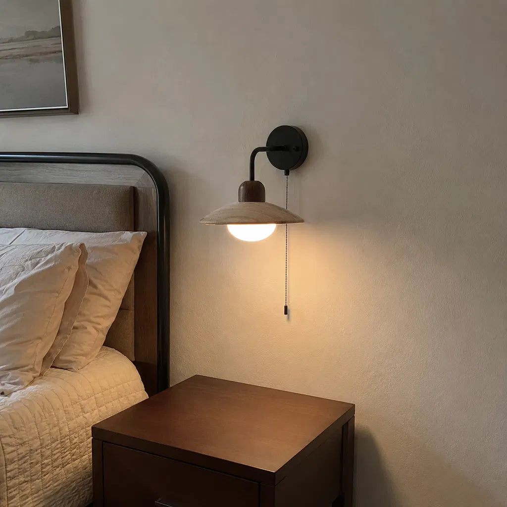 Yellow Travertine Wide-Brim Wall Sconce Natural Stone & Brass Lamp