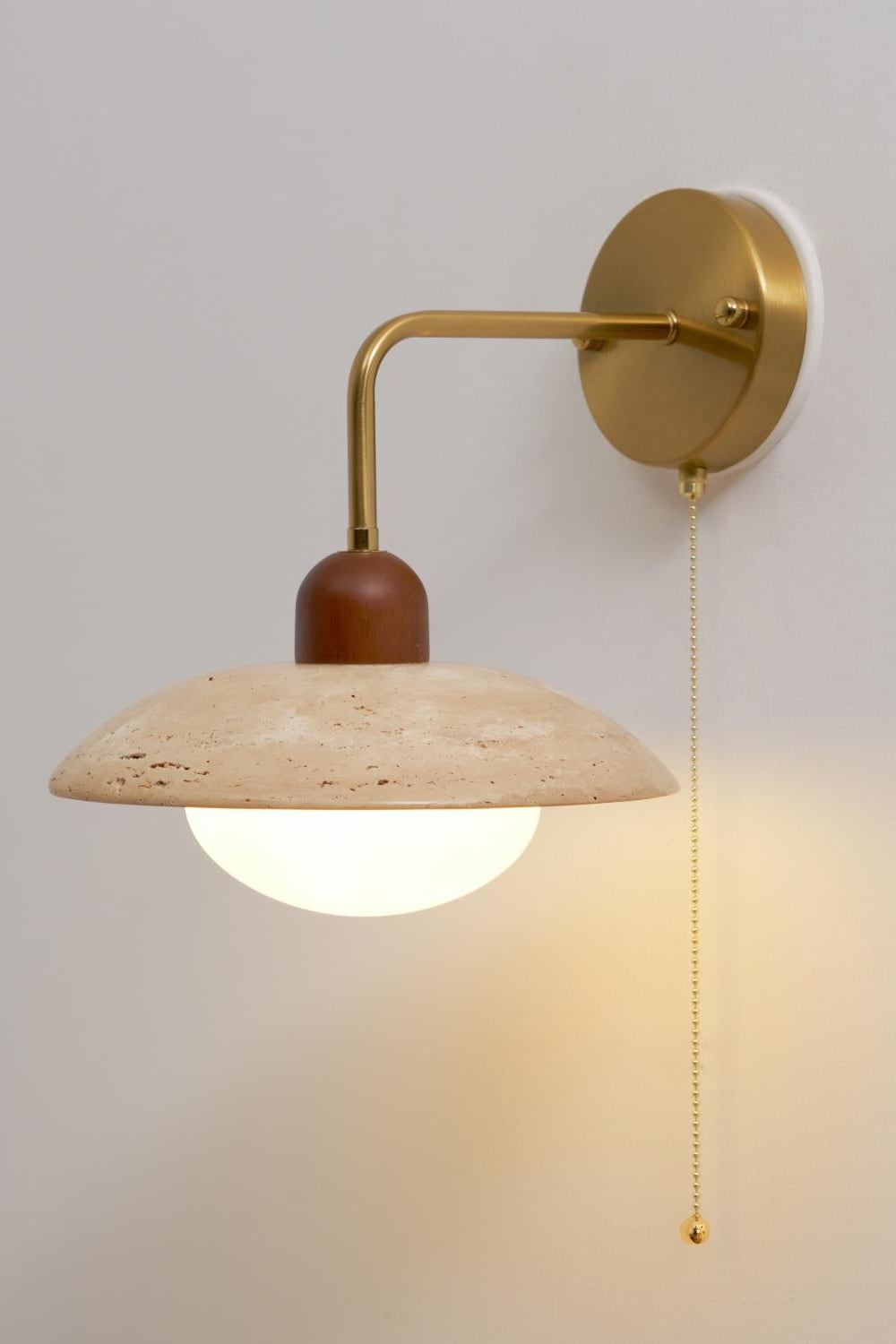 Yellow Travertine Wide-Brim Wall Sconce Natural Stone & Brass Lamp