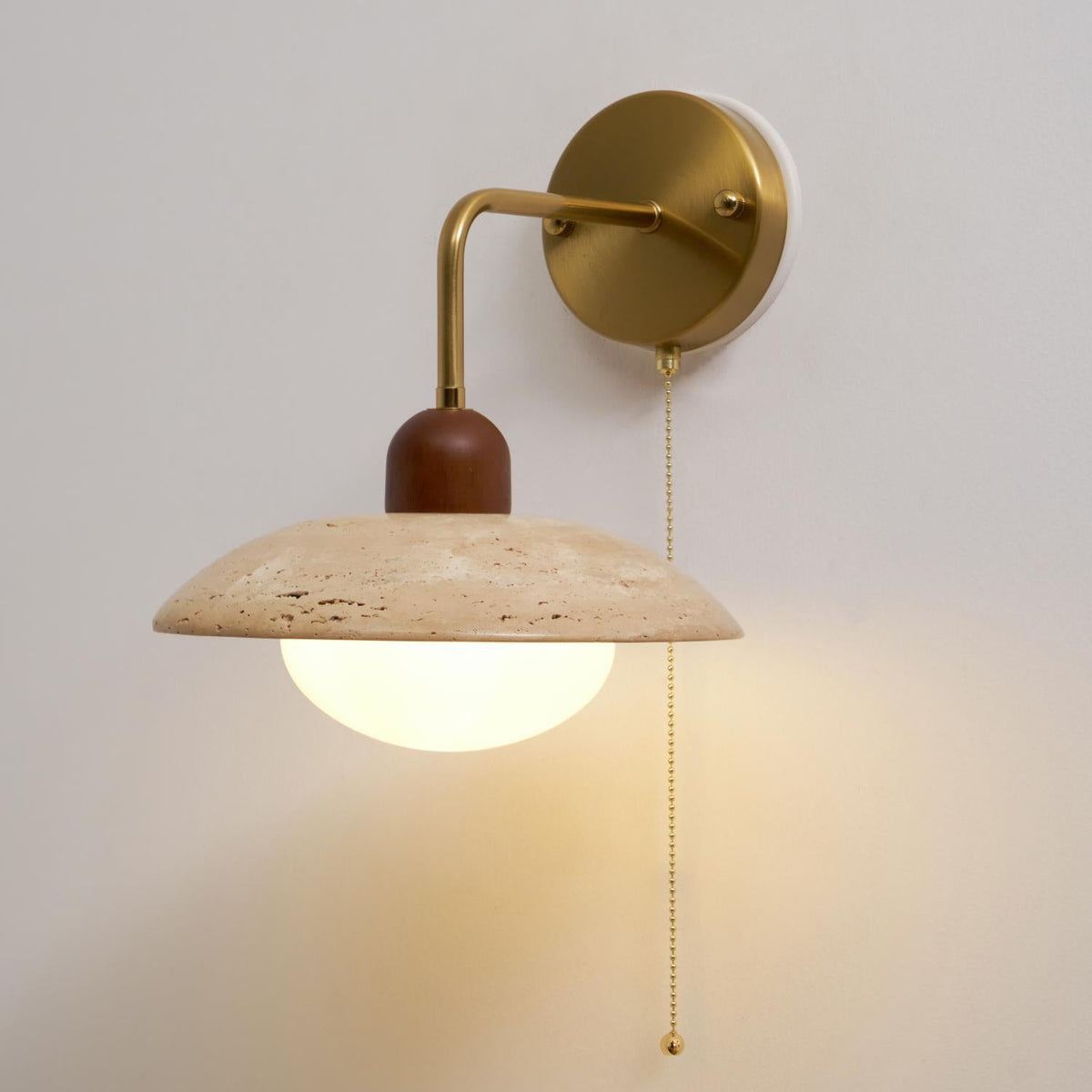 Yellow Travertine Wide-Brim Wall Sconce Natural Stone & Brass Lamp