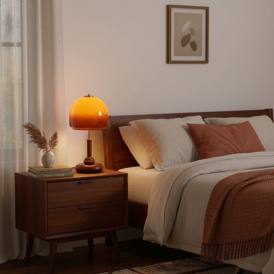 Vintage Glass & Solid Wood Sunset Table Lamp Ambient Bedside Light