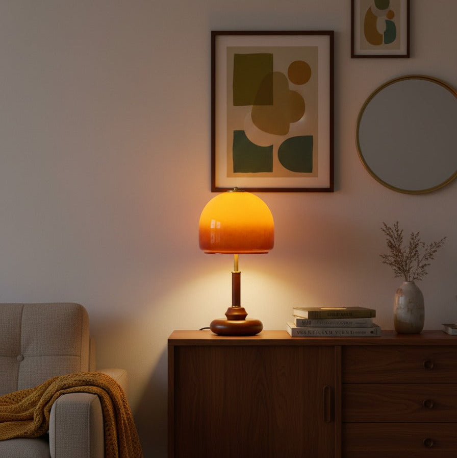 Vintage Glass & Solid Wood Sunset Table Lamp Ambient Bedside Light
